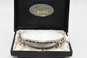 Vintage Speidel Rhodium ID Bracelet Engraved TOM w/ Box 8"